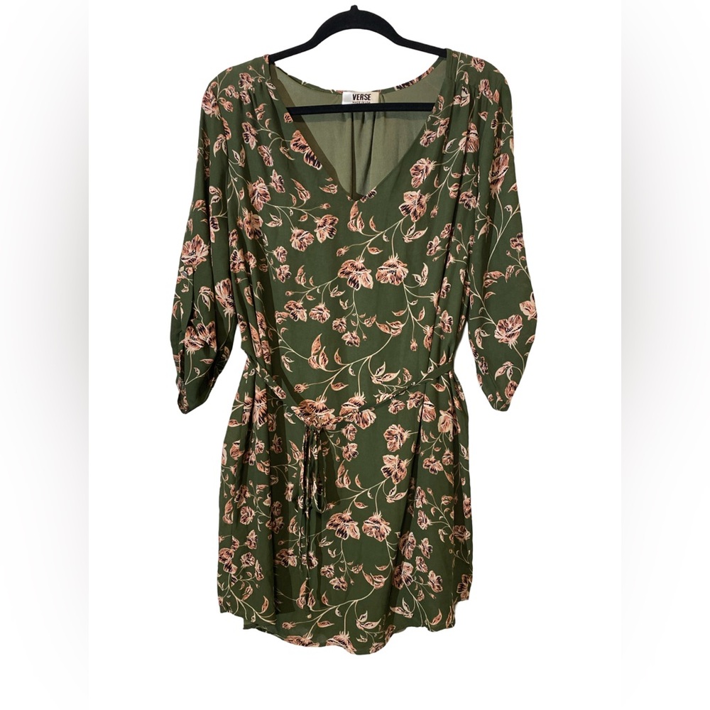 Verse Floral print Olive Green & pink Dress, size large, lined